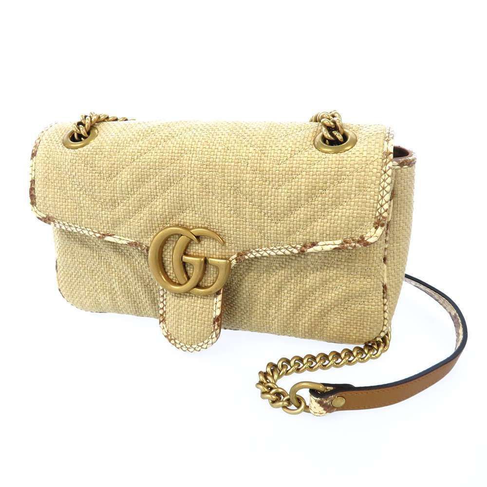 Gucci GG Marmont Chain Shoulder Bag Raffia Python Beige